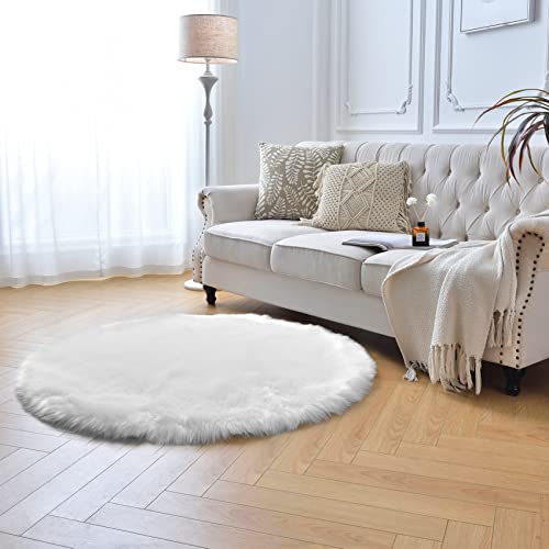 Duduta White Round Faux Sheepskin Fur Rug 4X4 Ft, Fluffy Shaggy Circle Rugs For Nursery Bedroom Living Room Decor, Machine Washable #TOP6