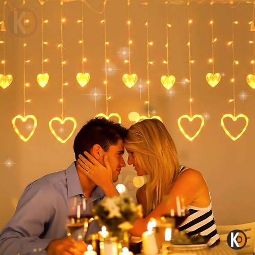 Image of K D 6 +6 Heart Warm Yellow 138 LEDs Curtain LED String Lights (3.5 ft Length + 0.5 FT Length After Adapter = 4ft) with 8 Modes Indoor Outdoor for Home, Diwali, Navratri (Heart 6+6 Warm Yellow)