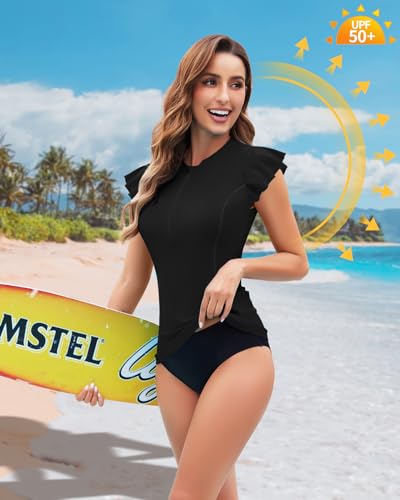 WOWENY Womens Padded Rash Guard Short Sleeve Swim Shirts 1/4 Zip UPF 50 Sun Protection Swimsuit Tankini Bathing Suit Top3