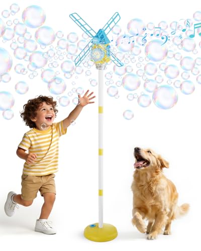 Belemar Windmill Bubble Machine for Kids Standing Automatic Bubble Blower with Lights & Music 51 Adjustable Height 130ml Tank & Bubble Solution Included Outdoor Garden Toy for Boys Girls
