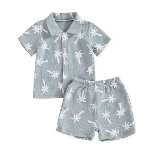 Image of Mandizy Toddler Baby Boy Summer Clothes Checkered Palm Tree Print Shirt Tops and Shorts Set 2Pcs Cotton Linen Outfit