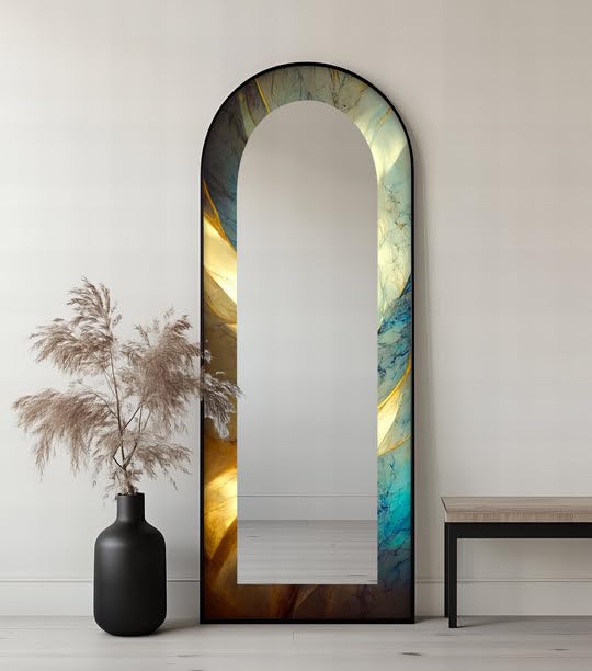 Specchio da pavimento con sfumatura marmorizzata Sunrise Gradient, 50,8 cm x 160 cm (larghezza x altezza), specchio da pavimento ad arco con cornice nera con cornice nera