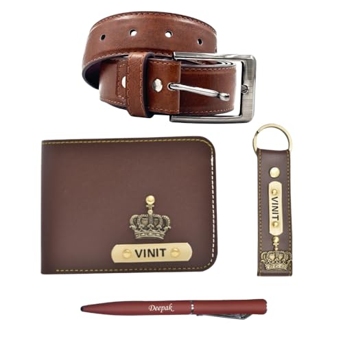 YOUR GIFT STUDIO Leather Men's Wallet, Belt, Keychain and Pen Combo | Customized Men's Gift Set with Name & Charm | Personalized Leather Wallet Birthday Gift for Men (Brown)