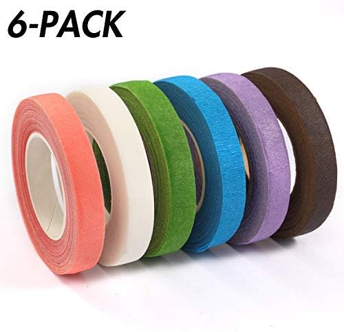 Noorlee 6 Colors Floral Tapes, Pack of 6 Self-Adhesive Masking Tapes, 1/2 in x 30 Yard for Bouquet Stem Wrap Florist (Pink, White, Green, Blue, Purple & Brown, Set of 6)