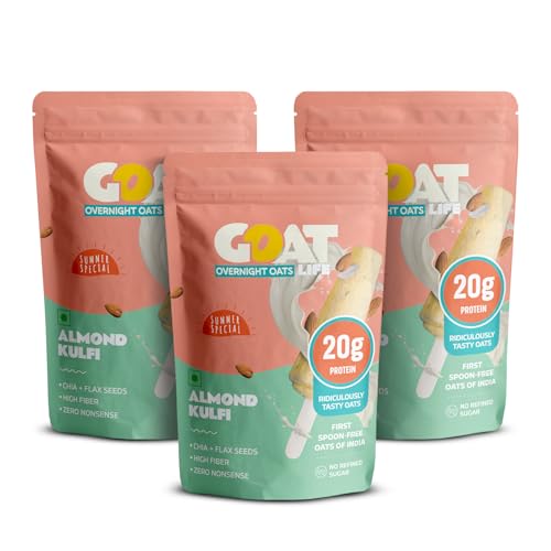 Image of GOAT Life Overnight Oats | 20g Protein | High Fibre | Nutrient-Rich | No Sugar | Gluten-Free & Vegan | Supports Weight Management & Muscle Recovery | Instant Breakfast (Almond Kulfi, Pack of 3)