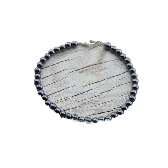 Bracelet hématite 4mm unisexe fermoir sécurisé argenté 7"