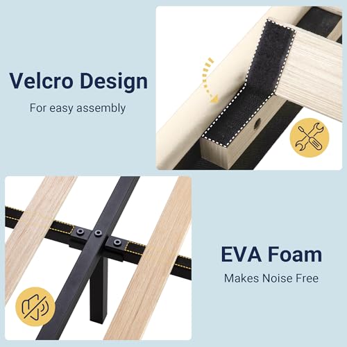 Image of Allewie King Size Platform Bed Frame with Velvet Upholstered Headboard and Wooden Slats Support, Fully Upholstered Mattress Foundation /No Box Spring Needed /Easy Assembly, Cream