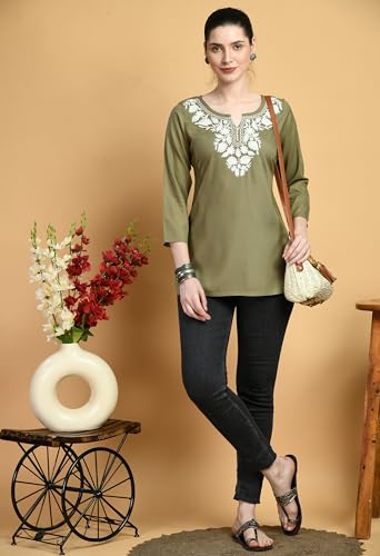 Image of QAZMI Women's Cotton,Rayon Embroidered Regular Tunic Shirt
