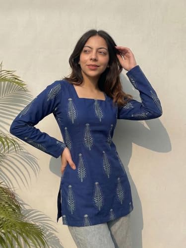 Image of ANNI Designer Women's Viscose Blend Printed Short Kurti | Straight Fit Ethnic Top with Square Neck | Bell Sleeve Indian Kurta for Office College, Party