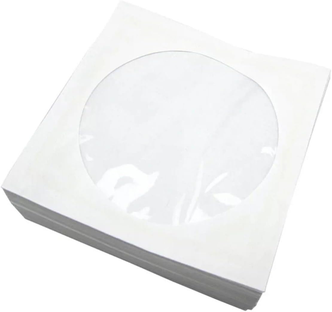 White CD DVD Paper Sleeves 100 Pcs, Portable Size with Window Design, Protective Pp and Paper Disc Storage Bags for Home, Events, and Music Collection