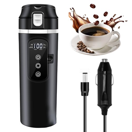 WIYETY DC 12V/24V Auto Elektrischer Wasserkocher, 500ML Elektrische Wassertasse mit 4 Stufen Temperaturregelung & Anti-Spill Deckel, Tragbare Reisewasserkocher, Anti-Trockenbrand-Schutz, für Camping