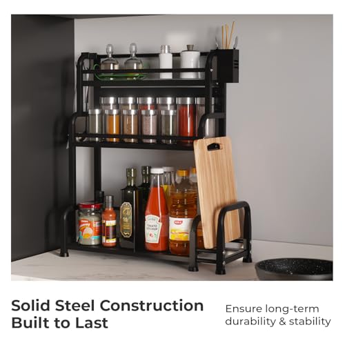Image of Lifelong Kitchen Storage Spice Rack - 3-Tier Steel Kitchen Organizer Rack, Countertop Shelf for Spices, Utensils, Bottles & Condiments | Multipurpose Kitchen Rack Stand & Organizer, Black