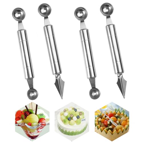 4 Piezas Herramienta de Tallado Frutas Melón Cuchara, Cortador Bola y Tallado, Bolas Corte Melón, Acero Inoxidable Frutas Doble Cara, Utensilios Cocina, Multifunción Cuchillo Conjunto Verduras Fruta