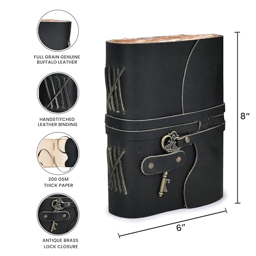 Image of LEATHER VILLAGE Leatherbound Notebook Journal Key Lock, Black 8x6. | Handmade Deckle Edge paper, 200 Blank Pages , Grimoire, Book Of Shadows, Sketchbook, Scrapbook, Leather Journal , Black 8x6