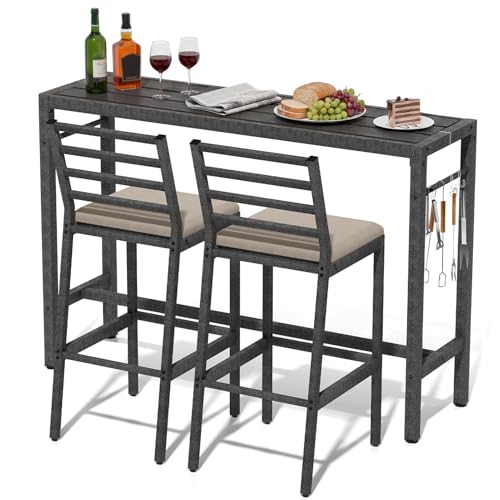 3Pcs Outdoor Patio Bar Set, 55" Rectangular High Top Table and Chairs Set with 2 Cushioned Bar Stools & Cover,Metal Pub Height Bistro Table Set for Balcony, Backyard, Porch, Deck,Garden, Pool