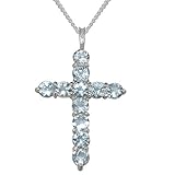 18ct White Gold Real Natural Aquamarine Womens Cross Pendant & Chain Necklace - Chain length 18