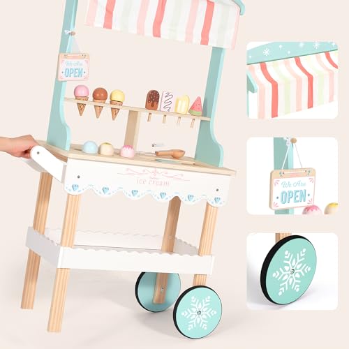 image for PairPear Large Wooden Ice Cream & Grocery Cart, 2 in 1 Pretend Play Ic