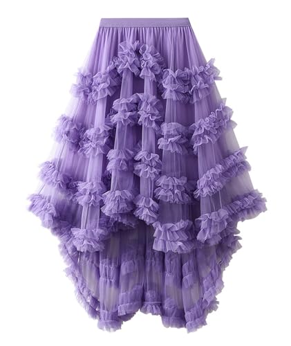 Tulle Skirt for Women High Waisted A Line Layered Asymmetrical Hem Ruffle Fluffy Long Skirts