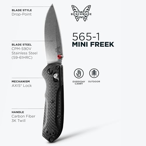 Benchmade - Mini Freek Outdoor EDC Knife, Drop-Point Blade with Black Carbon Fiber Handle (565-1) - Image 2