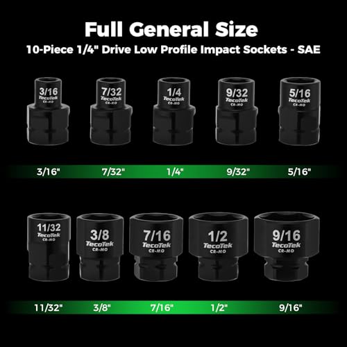 Image of TecoTek 10-Piece 1 /4-Inch Drive SAE Low Profile Impact Socket Set, Stubby Socket Set, 3 /16 inch to 9 /16 inch, 6 Point, Cr-Mo, Shorter Socket for Tight Areas
