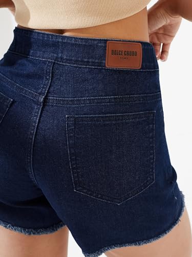 Image of Dolce Crudo Women's Relaxed Fit Mid-Rise Denim Shorts with Adjustable Waist & Frayed Hem