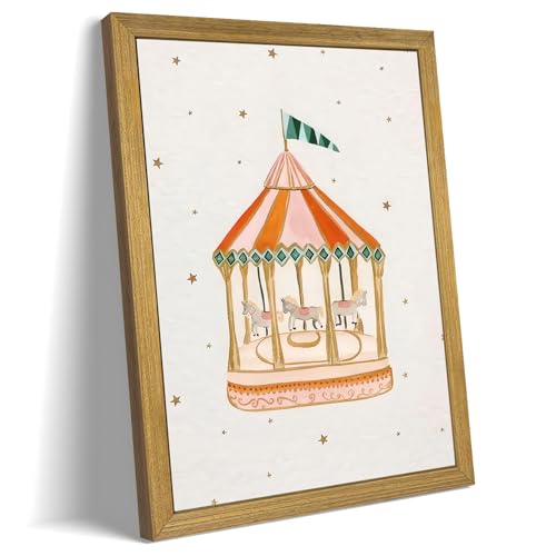 Wood Framed Carousel Wall Art, Nursery Wall Decor Paintings for Baby Girl Room, Cute Merry-Go-Round Canvas Print Poster, Whimsical Kids Room Artwork, Toddler Playroom Bedroom Decoration 8x10 Inch
