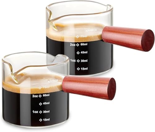 2 Pack Espresso Measuring Cups Glass, Small Measuring Double Shot Glass with Wood Handle, Clear Accessories, Coffee Measuring Cup, with V-Shaped Mouth, Milk Pitcher