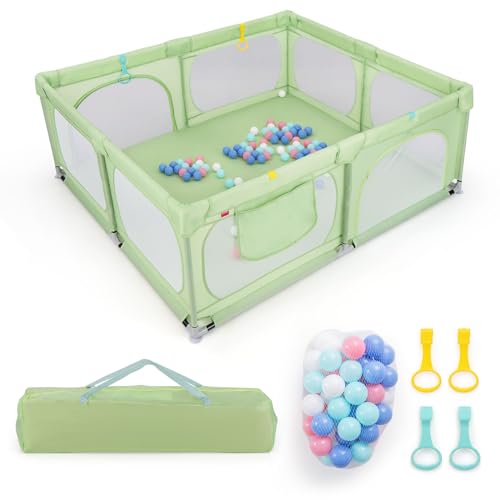 DREAMADE Laufstall Baby, 189 x 158 cm Laufgitter mit 4 Zugringen & 50 Ocean Bällen & Tragetasche, Großes Schutzgitter für Baby & Kleinkinder 0-3 Jahren (ohne Matratze,Grün)