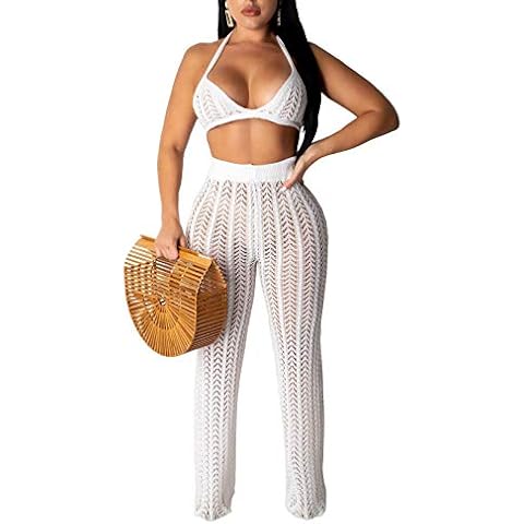 Salimdy Women Two Piece Skirt Set - Sexy Hollow Out Halter Bra Top with Long Pant Cover Up Bikini Beach Jumpsuit White S Cover