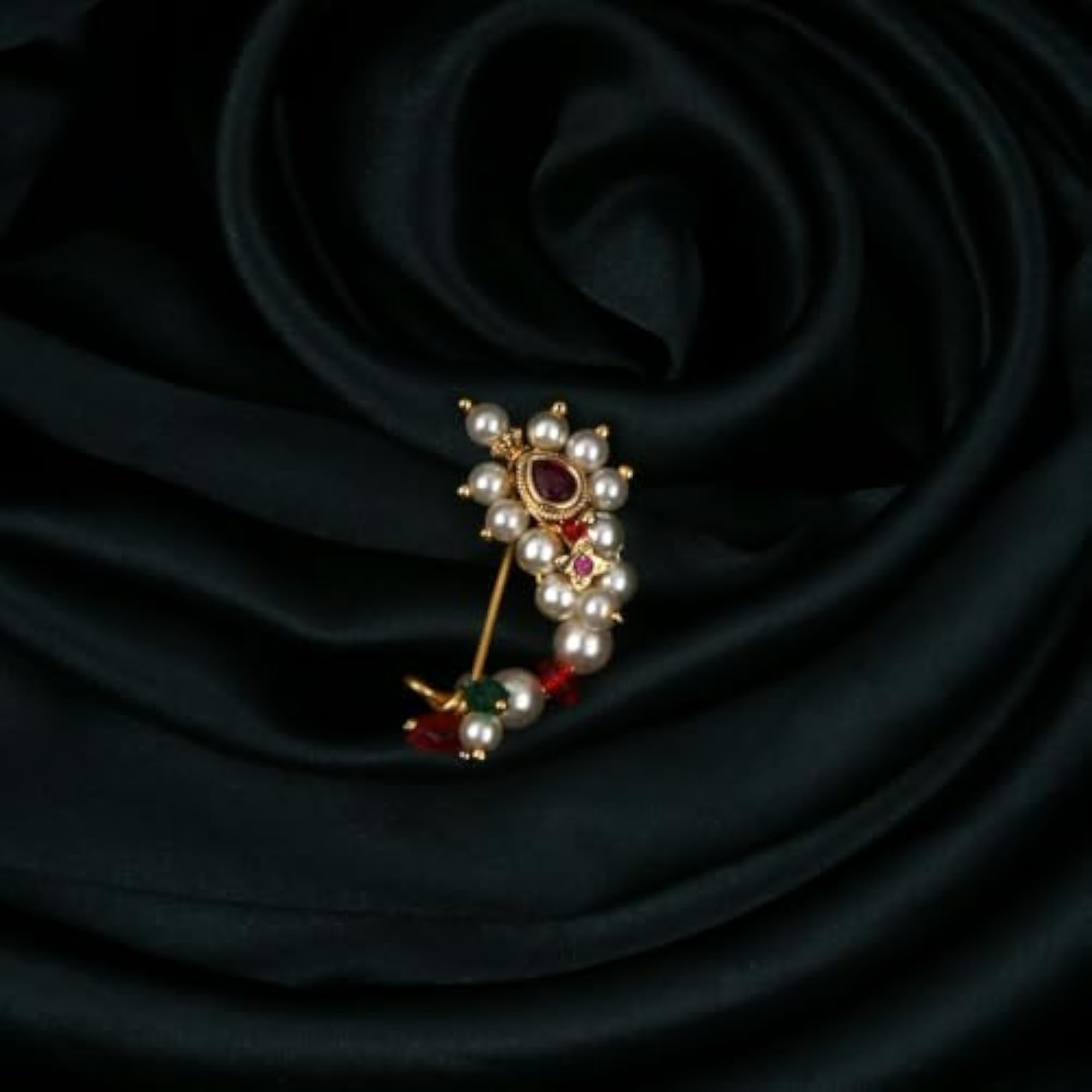 Maharashtrian Pink Stone & Bead Stud Nose Pin for Girls