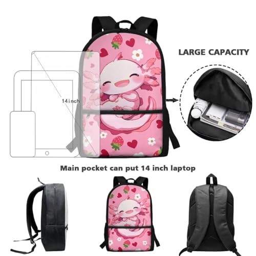 Showudesigns Cute Axolotl Backpack for School Girls Elementary School Bag and Lunch Bag Set Pencil Case 3 In 1 Pink Strawberry Bookbag Preschool Middle School Back Packs Kids Child Satchel Daypack4