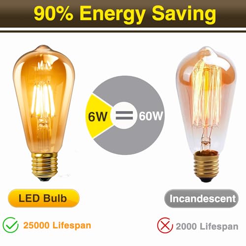 Vintage Edison Bombillas E27 LED 6W (Equivalente a 60W), ST64 LED Filamento, Ambar Blanco Cálido 2200K, 600LM, AC 220V-240V, No Regulable, Decoración Iluminación para Hogar, Cafés, Bares, 2 Piezas - imagen 3