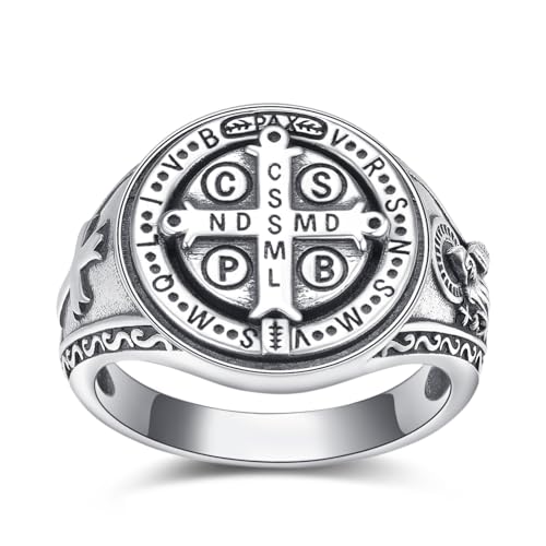 ADMETUS 925 Sterling Silver St Benedict Rings Exorcism Saint Benedict Ring Medalla de San Benito Jewelry Protection Religious Gifts for Men Rings Size 6-15