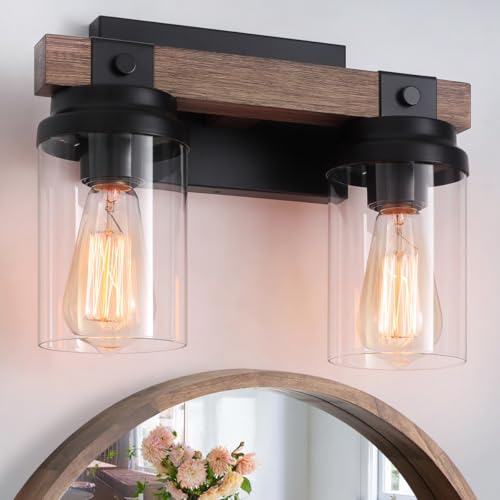 2-Light Farmhouse Wood Vanity Lights Black Bathroom Light Fixtures Over