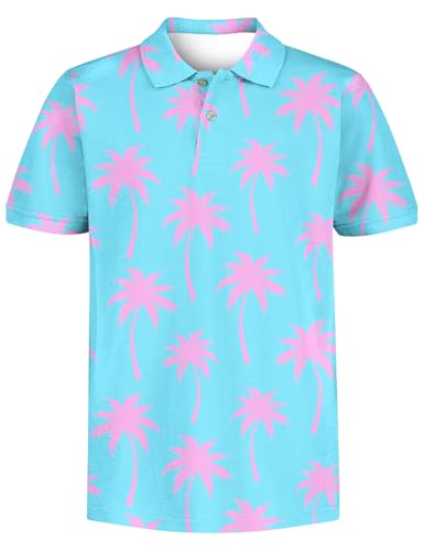 RAISEVERN Polo Shirts for Boys Hawaiian Golf Shirt Size 8 Collared Performance Kids Palm Tree Tops Dry Fit Short Sleeve Blue