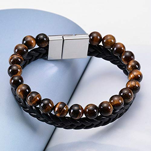 Image of Young & Forever Men's Genuine Braided Leather and Titanium Steel Bracelet | Bold Punk Tiger Eye Bead & Multi-Strand Wrist Bands | Vintage Nautical Clasp & Animal Head Hook Hook Kada Style Options