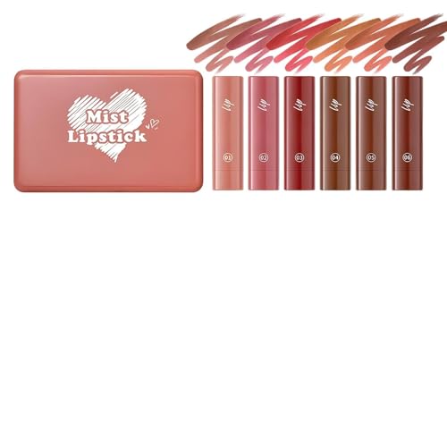 6 Pack Long Lasting Waterproof Matte Lipstick Set – Mist Lip Crayon Twist Up Pencils, Smudge Proof Nude Brown Shades for All Skin Tones, Lip Liner & Colour, Non Drying Gradient Makeup