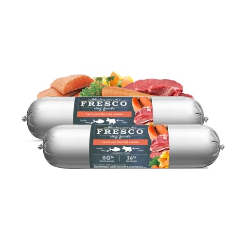 FRESCO Dog Barf Hundewurst schnittfest Lachs mit Rind I 2 x 400g | Getreidefrei, hoher Fleischanteil 80% | Nassfutter für Hunde mit Karotte, Kürbis & Spirulina | Aus Deutschland