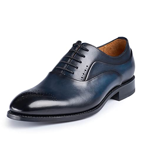 Jepsengord Mens Premium Calfskin Leather Dress Shoes Blue Brogue Toe Oxford Formal Suit Shoes With Blake Rapid Stitching & Leather Soled Size 9.5 #TOP23