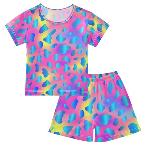 ALAZA Rainbow Leopard Abstract Pajamas Set Short Sleeve Cotton Sleepwear Summer Pjs 2 Piece 5-14Y