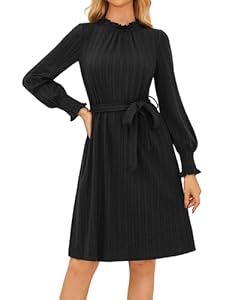 Damen Midikleider Tunika Kleid Herbstkleid Langarm Minikleid Freizeitkleid Elegant Ribbed A-Linie Kleider Schwarz M