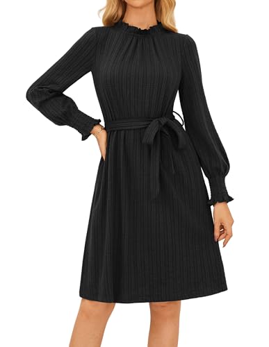 Elegante Langarm Herbstkleid Damen Strickkleid Tunika Kleid Winterkleid Retro Loose Fit Freizeitkleid Schwarz S