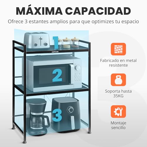 JUPPLIES Soporte Microondas 77,5×39×36,2 cm – Estantería Microondas Extensible 39–60 cm – Mueble Microondas Cocina de Acero Antióxido con 8 Ganchos – Estante Reforzado de Alta Capacidad para Encimera - imagen 6