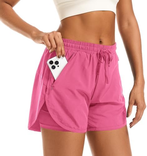 Women's 2 in 1 Athletic Running Shorts Quick Dry Workout Casual Gym Sweat Shorts Mesh Comfy Liner Zipper Pockets