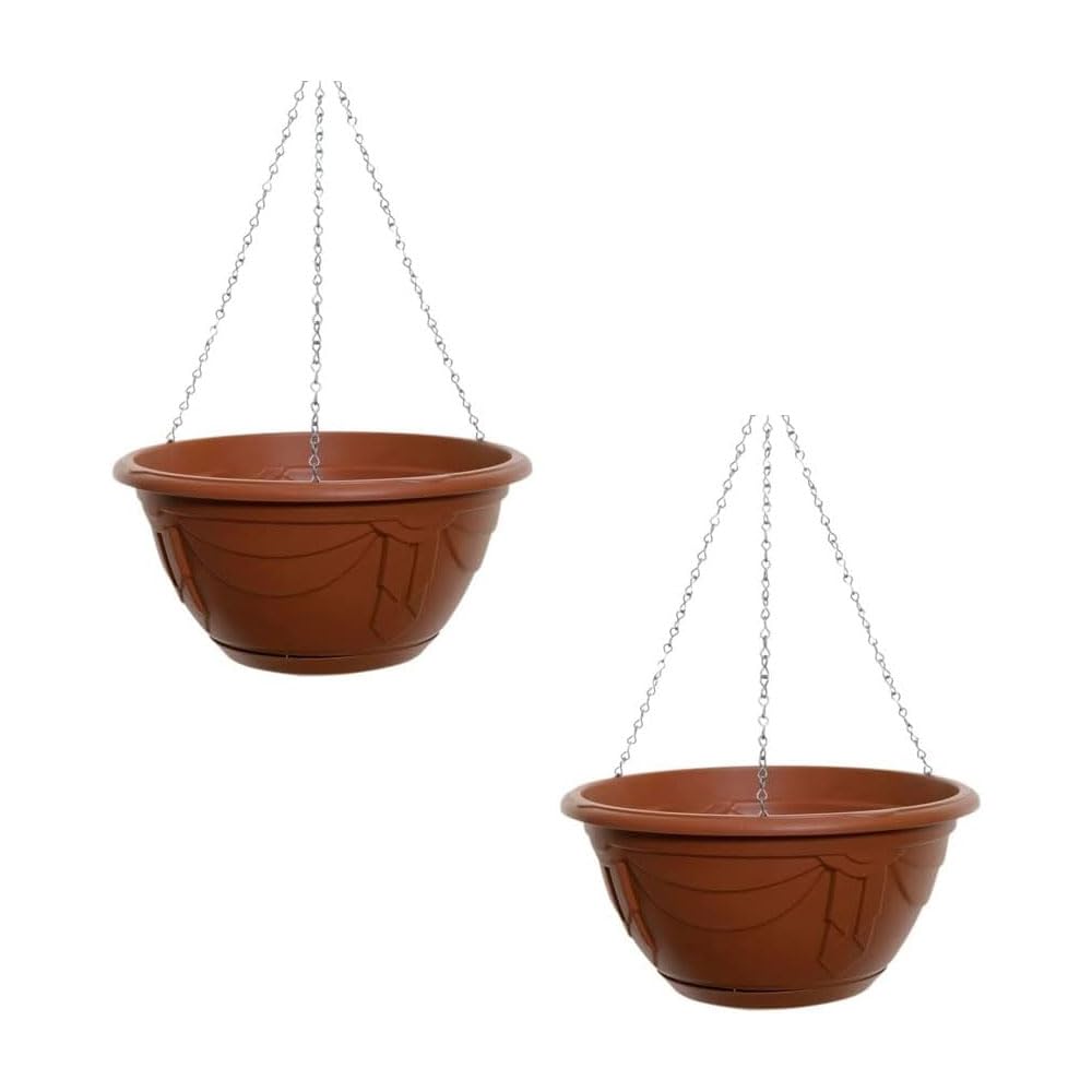 shopior Flower and Herb Plastic Hanging Basket | Plant Saucer for Indoor Outdoor | Wall Planters | Plant Pots for Succulents | Hanging Flower Pots for Garden, Balcony - 32cm (Terracotta - Pack 2)
