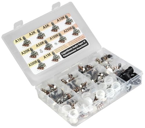 45 pcs Potentiometer Assortment 9 Values 1K, 2K, 5K 10K 20K 50K 100K 250K 500K 1M Horizontal Straight Legs Terminal A = logarithmic Audio Taper