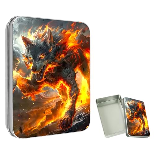 ETLKJVBL Mini Pocket Metal Tin with Lid, Firestorm Wolf 3.5"x2.4"x0.7" Small Portable Pill Box & Mint Case - Cute EDC Travel Organizer for Earbuds, Jewelry & Coins