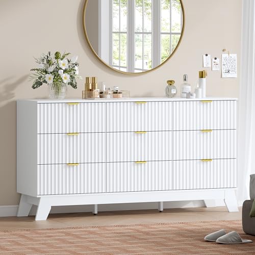 Image of Wodeer 9 Drawer Fluted Dresser for Bedroom, Mid Century Modern Dresser with 9 Drawers, Dressers & Chests of Drawers with Metal Handle, TV Stand & Storage Organizer for Entryway, Hallway, White