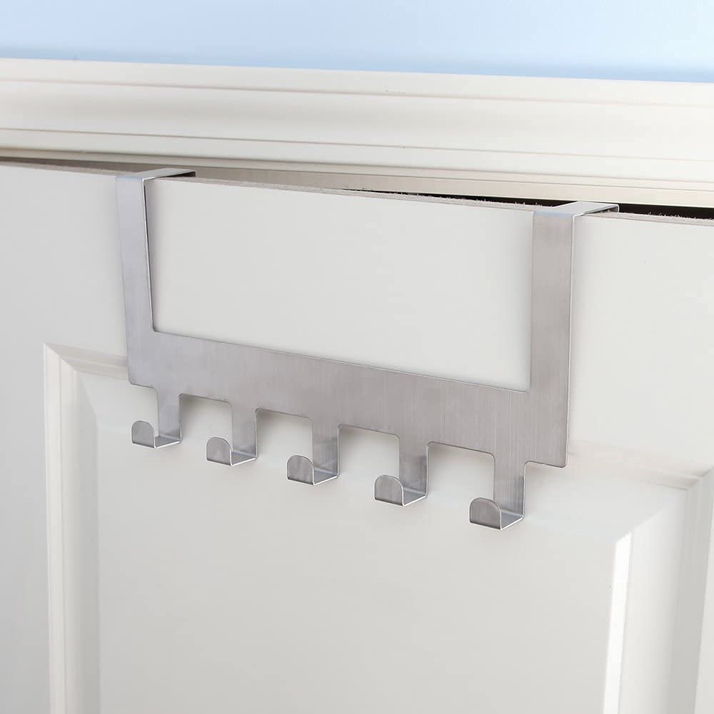 Octate 5 Hook Stainless Steel Over Door Hanger for Hanging Clothes, Sling Bags, Keys / Space Organizer for Kitchen, Bedroom, Bathroom (No Drilling Required)