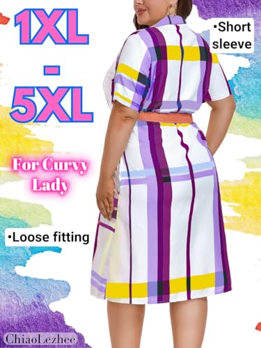 Image of ChiaoLezhee Plus Size Shirt Dress, Colorful Plaid Match Waistband, Fits 1XL-5XL